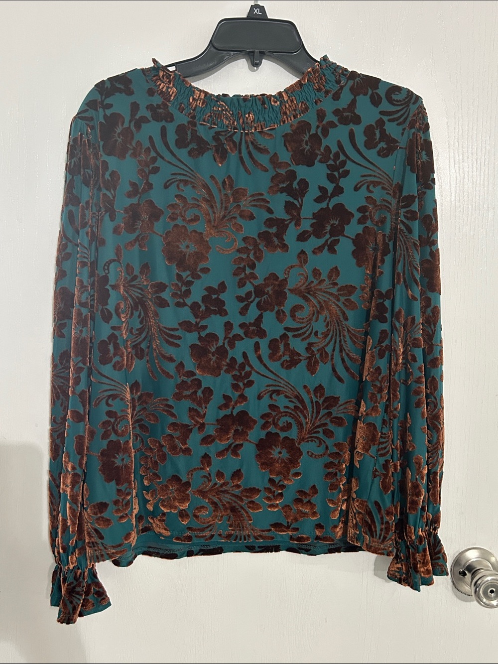 Teal Floral Burnout Long-Sleeve Blouse